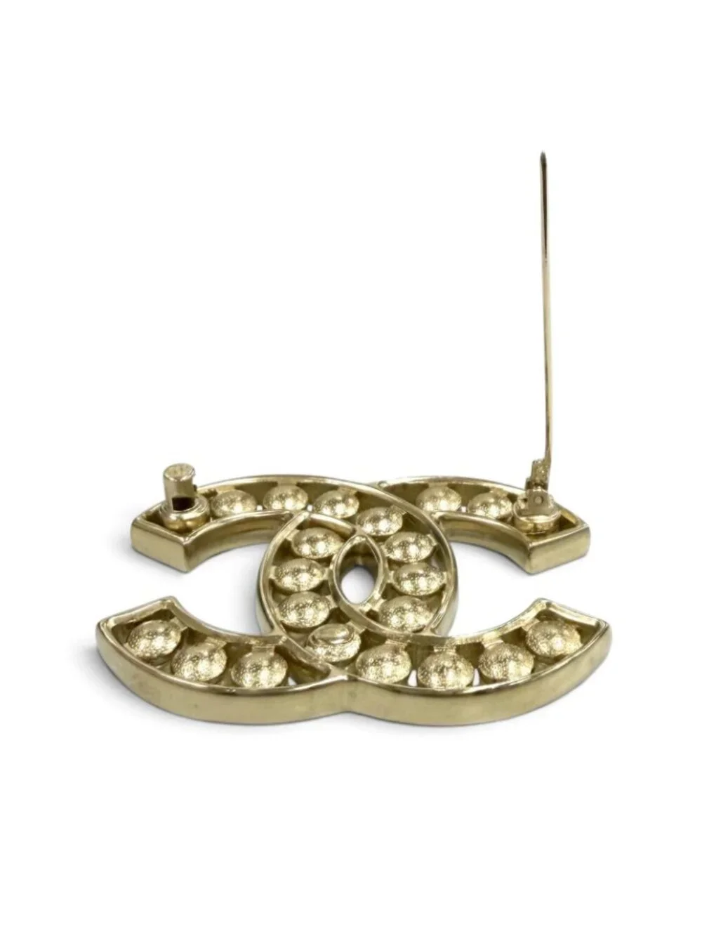 Chanel CC Logo Faux Pearl Brooch White Gold